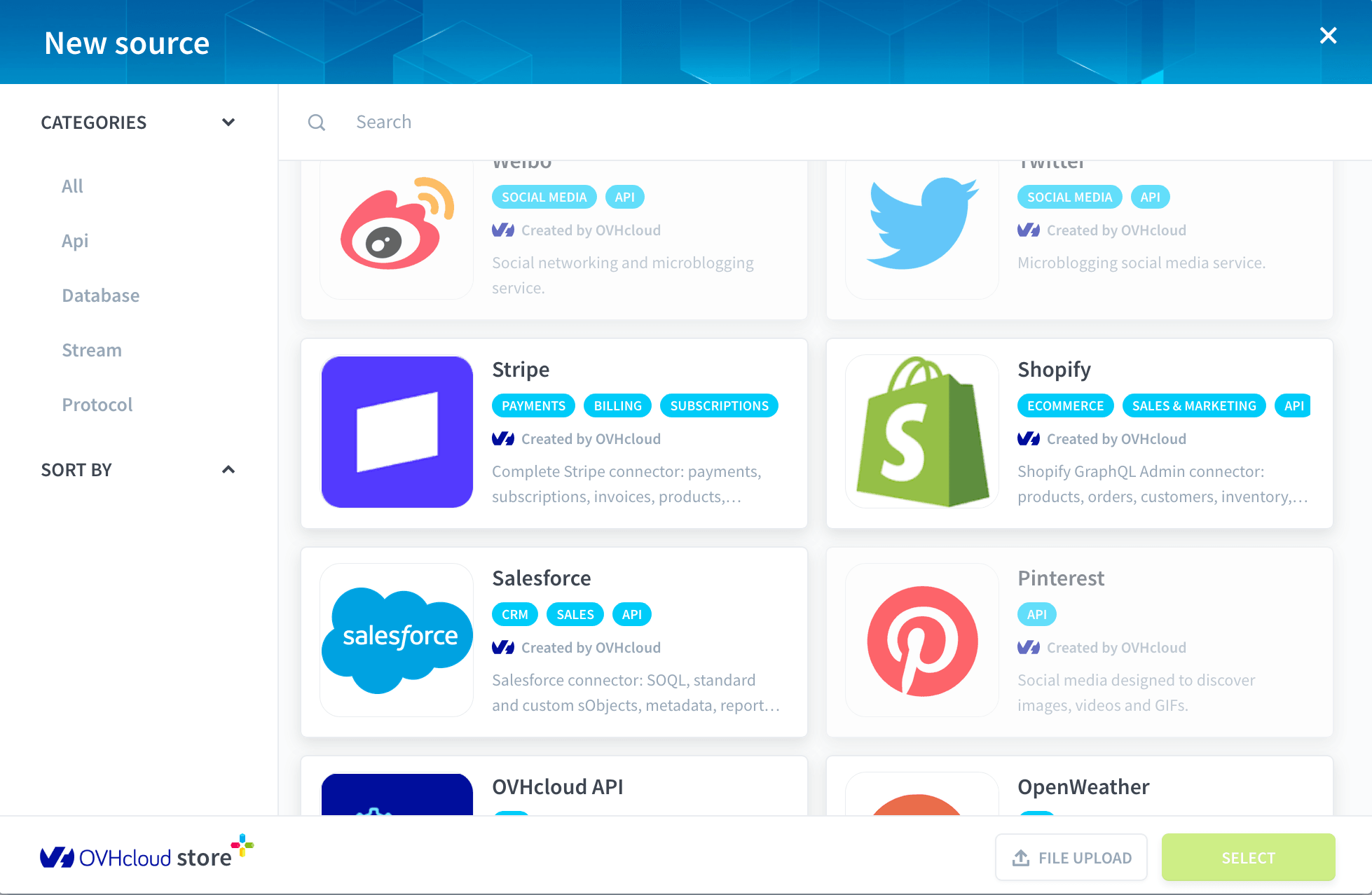 The New source window with the Stripe and Shopify connectors