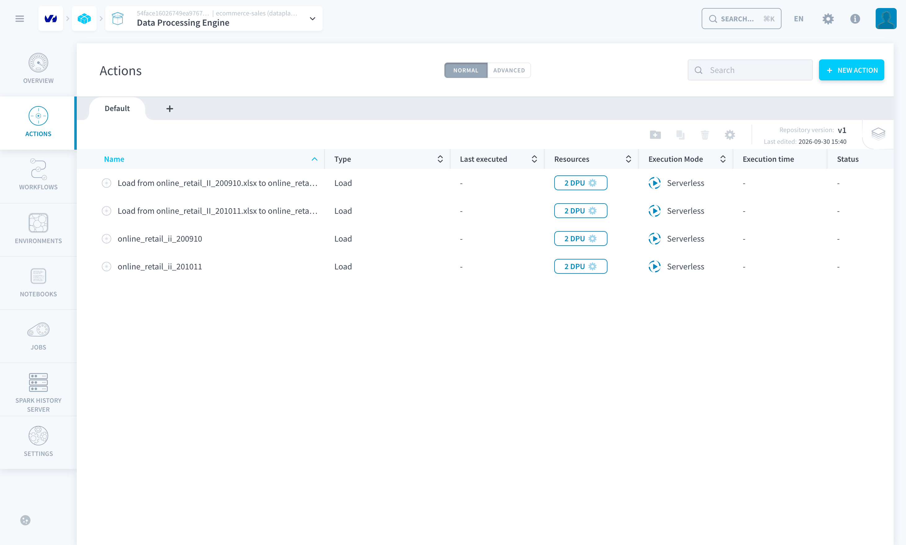 The list of actions with the two new Load actions and the two generated ones