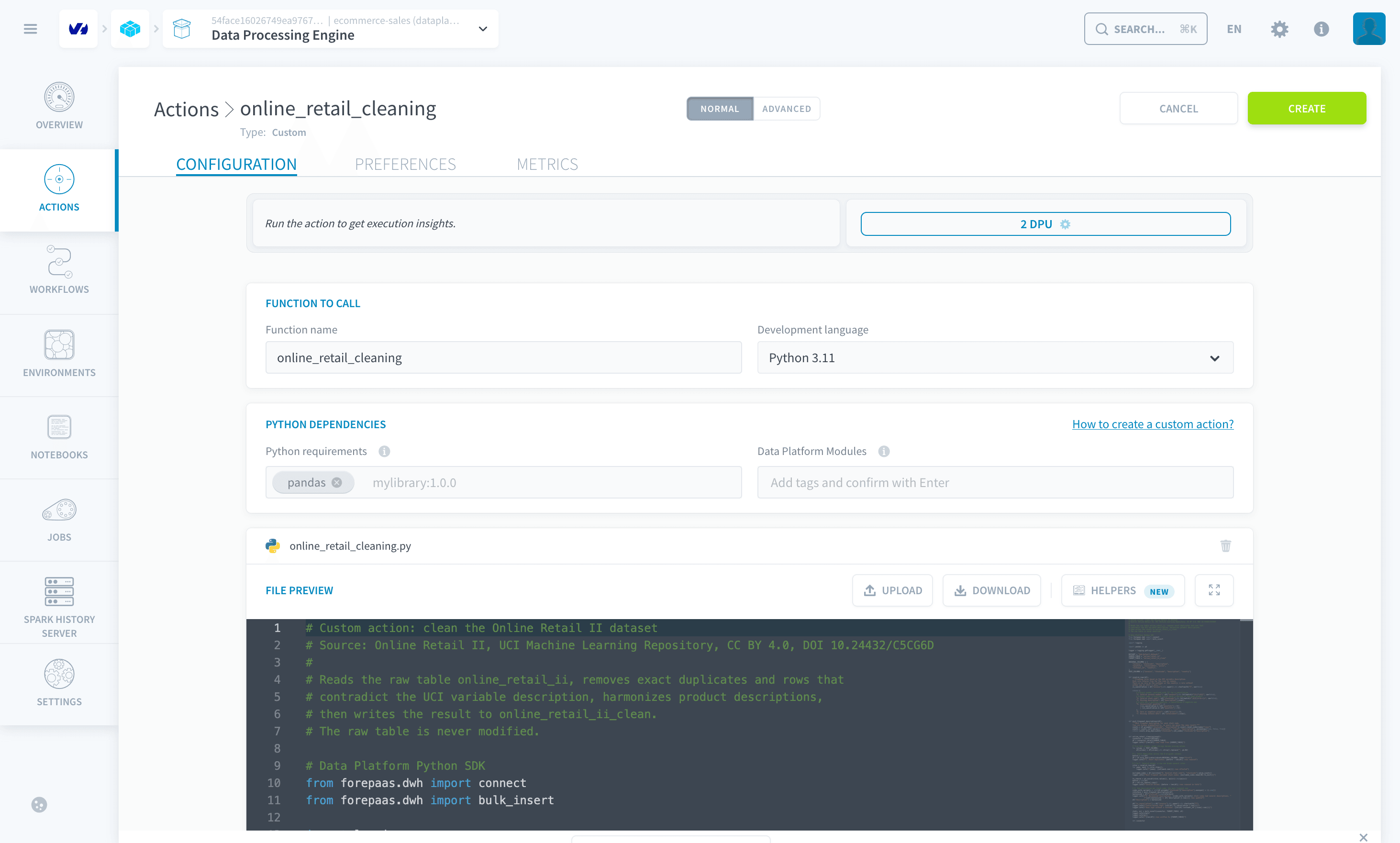 The Custom action online_retail_cleaning with its function name, language, requirements and uploaded file