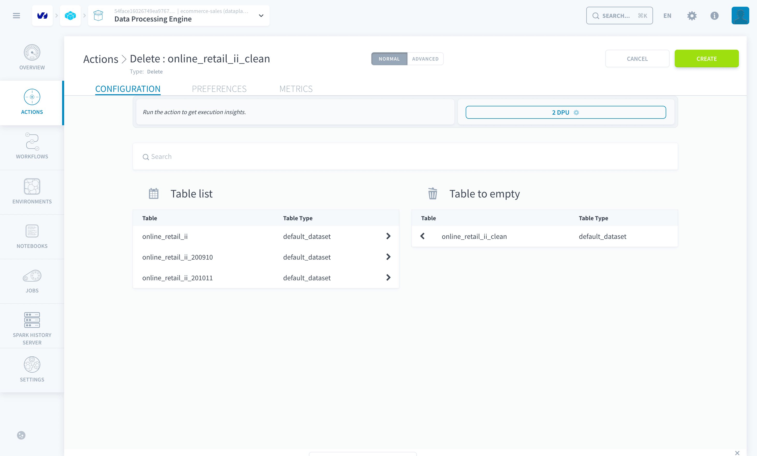 The Delete action with online_retail_ii_clean in the Table to empty list
