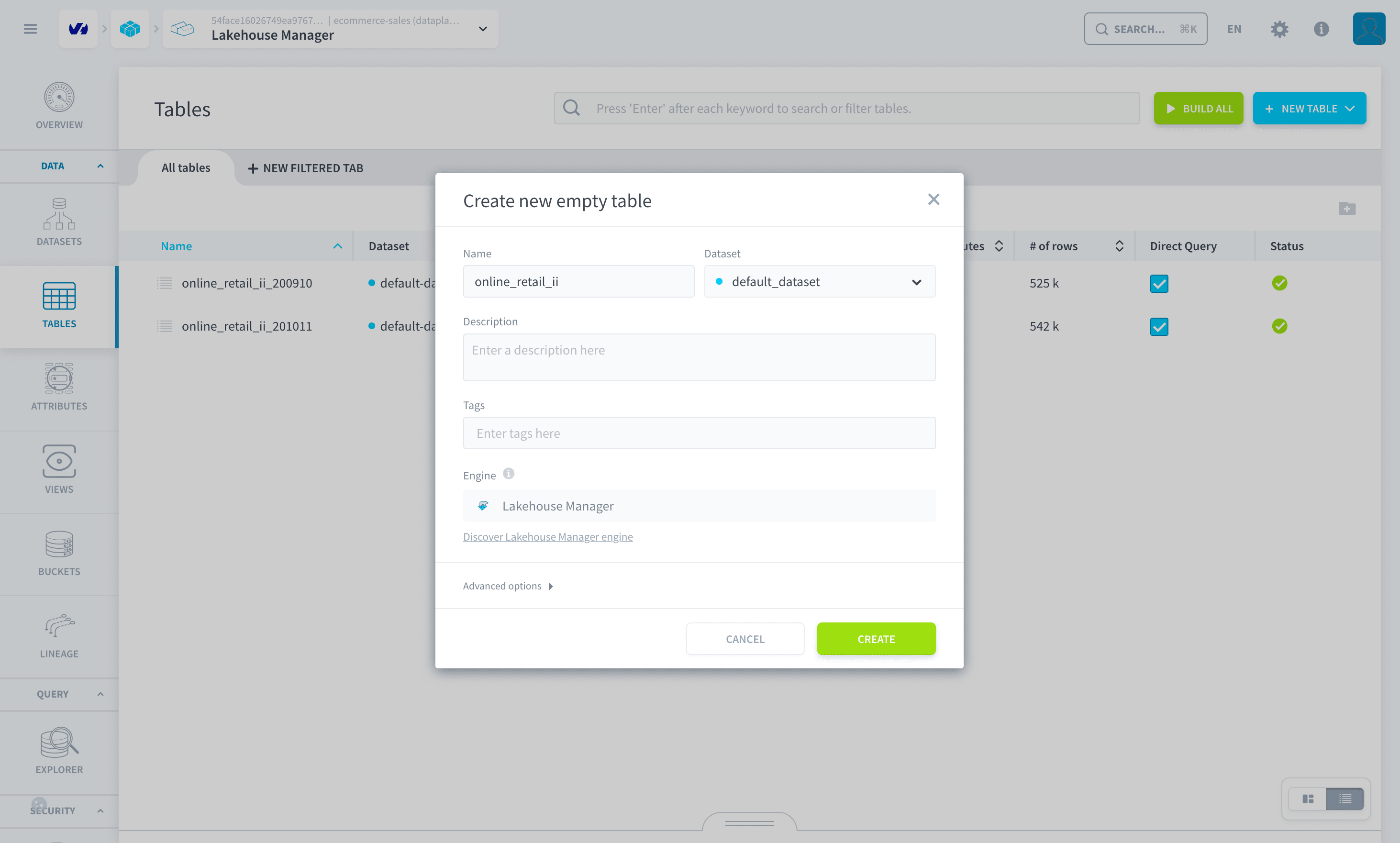 The empty table online_retail_ii with the same 8 attributes as the yearly tables