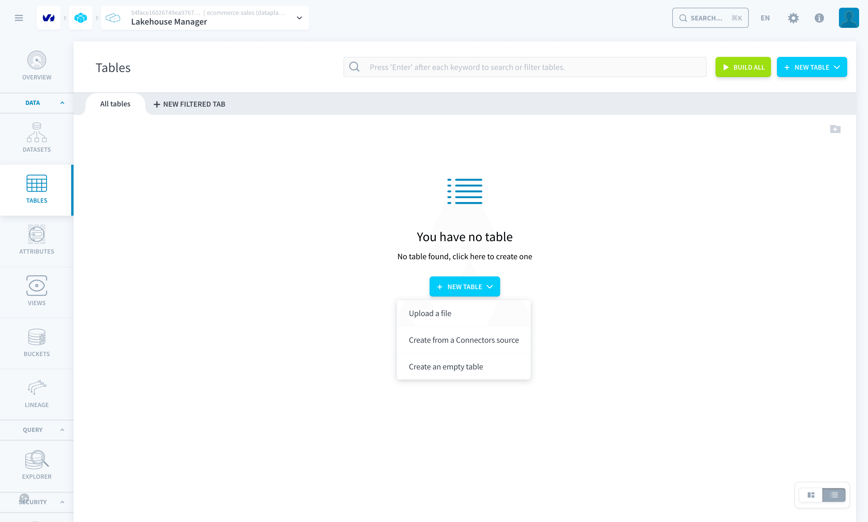 The New table menu in Lakehouse Manager with the Create from a Connectors source option