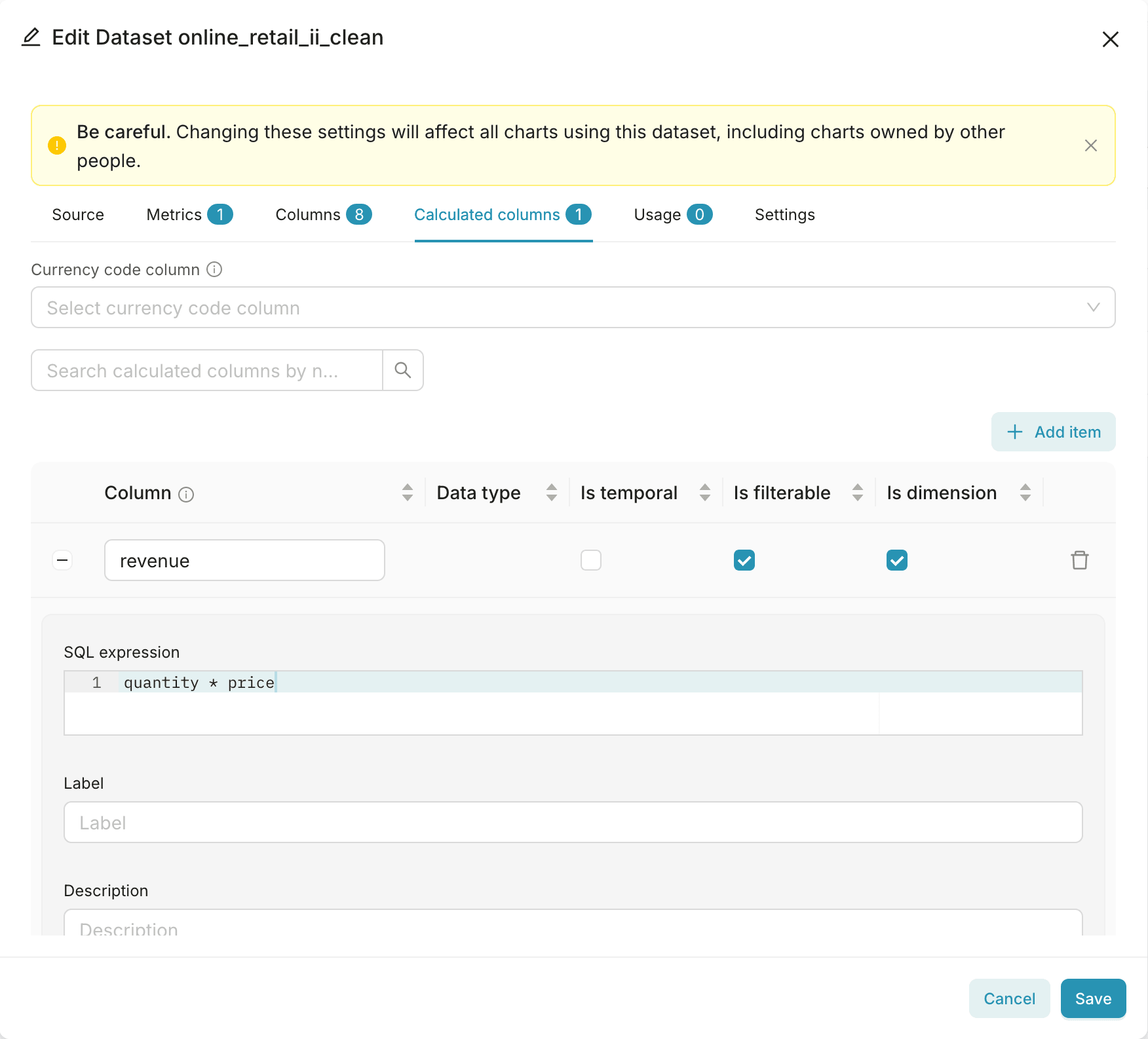 The Calculated columns tab of online_retail_ii_clean with the revenue column and its SQL expression quantity * price