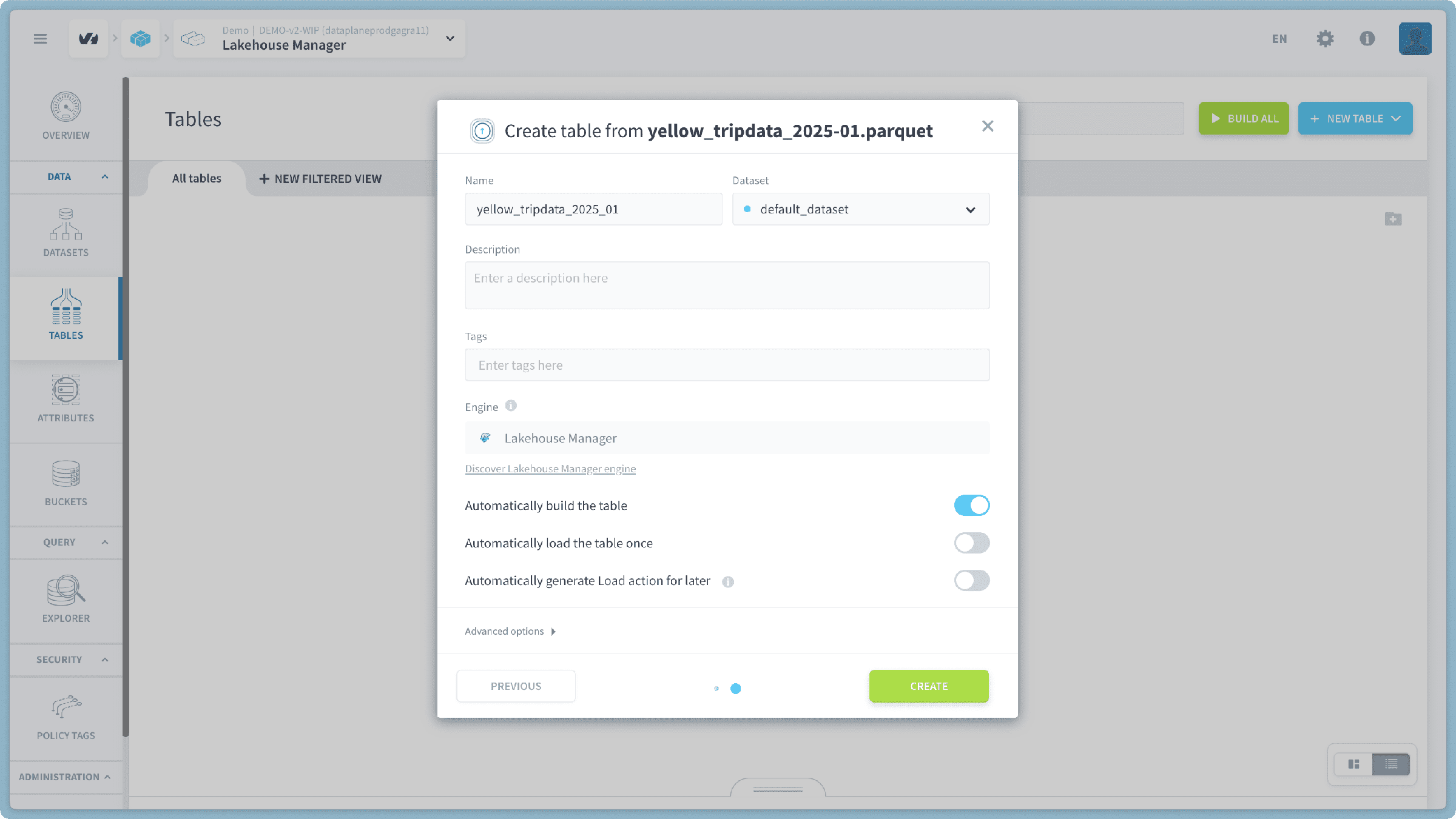 Step 2: Create Tables in Lakehouse Manager — Nyc taxi step (2)