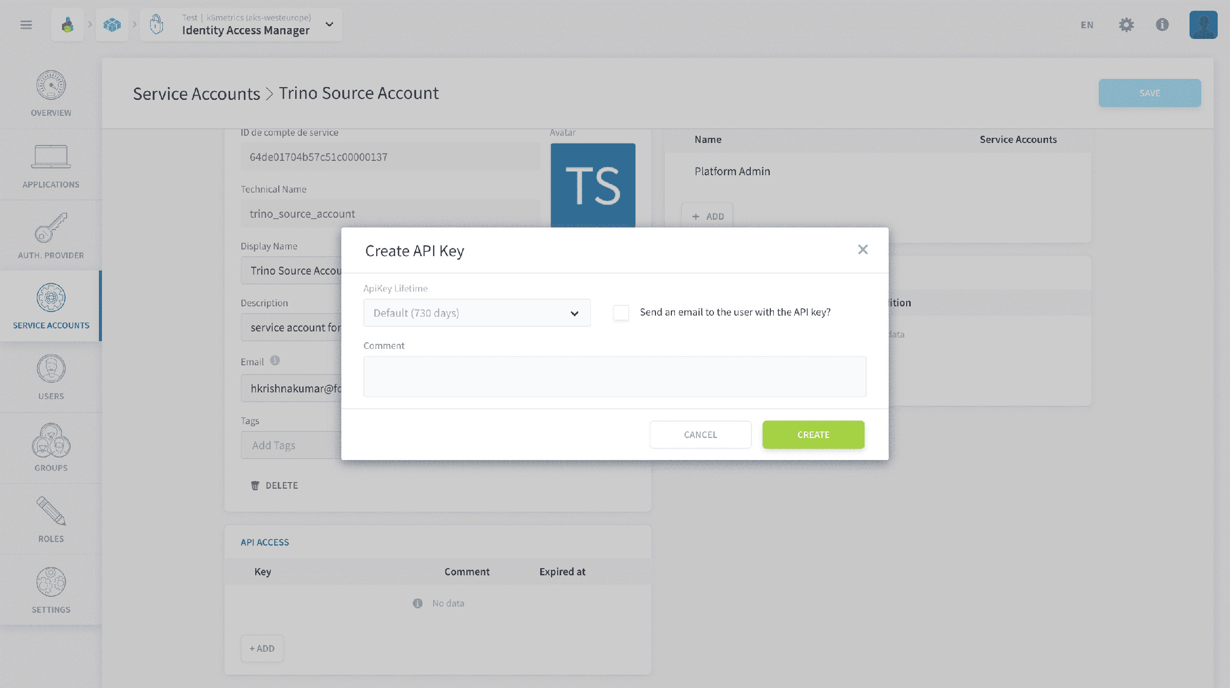 ソースプロジェクトで実施する手順 — Trino コネクタが API キーを作成