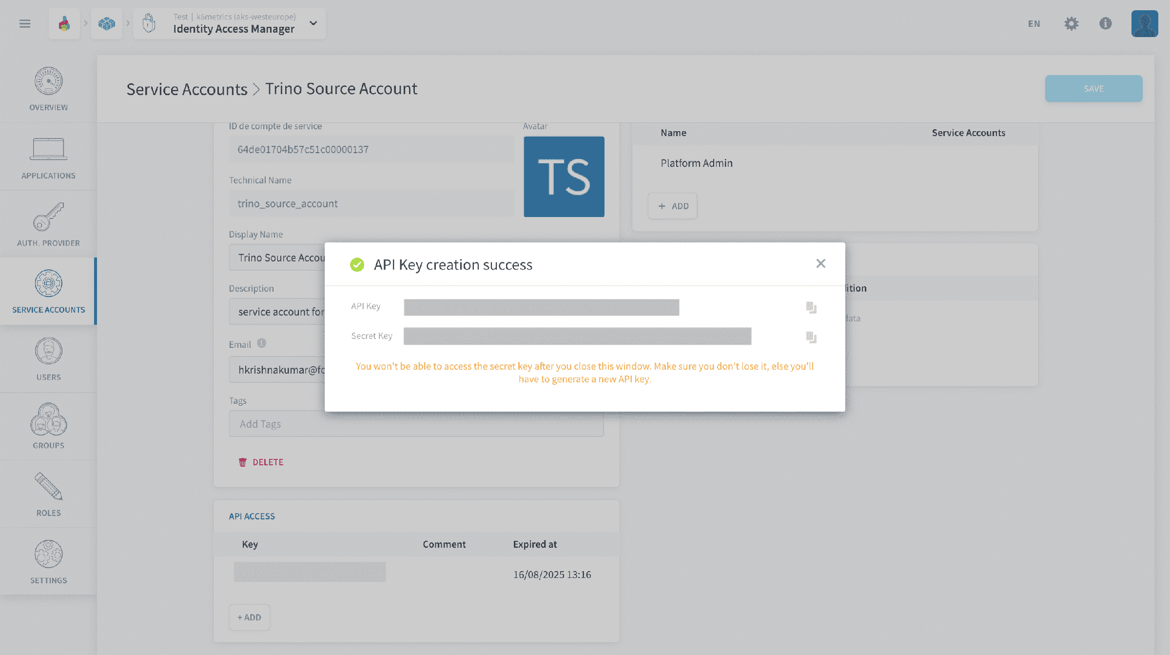 ソースプロジェクトで実施する手順 — Trino コネクタが作成された API キー