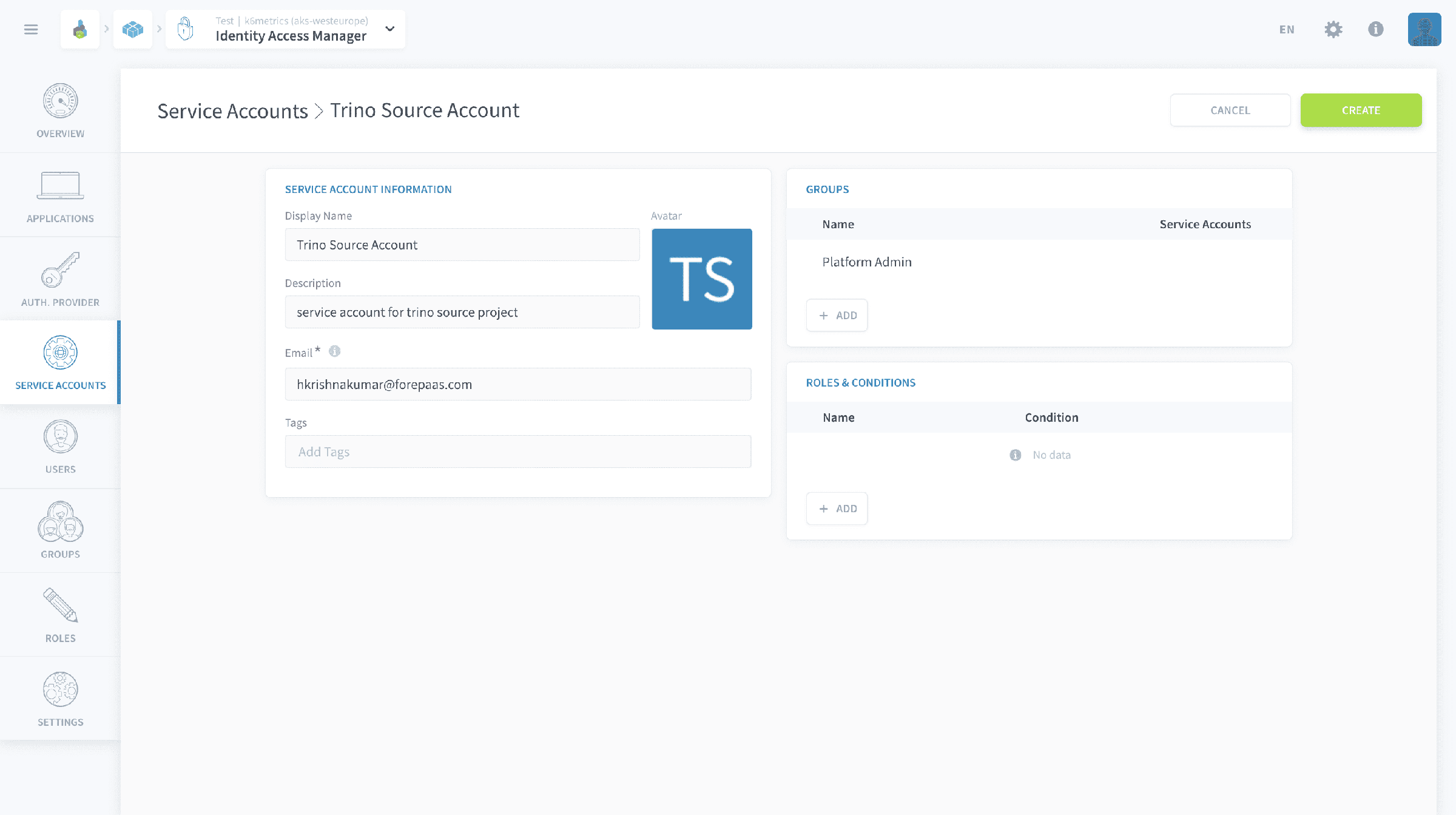 ソースプロジェクトで実施する手順 — Trino コネクタサービスアカウント
