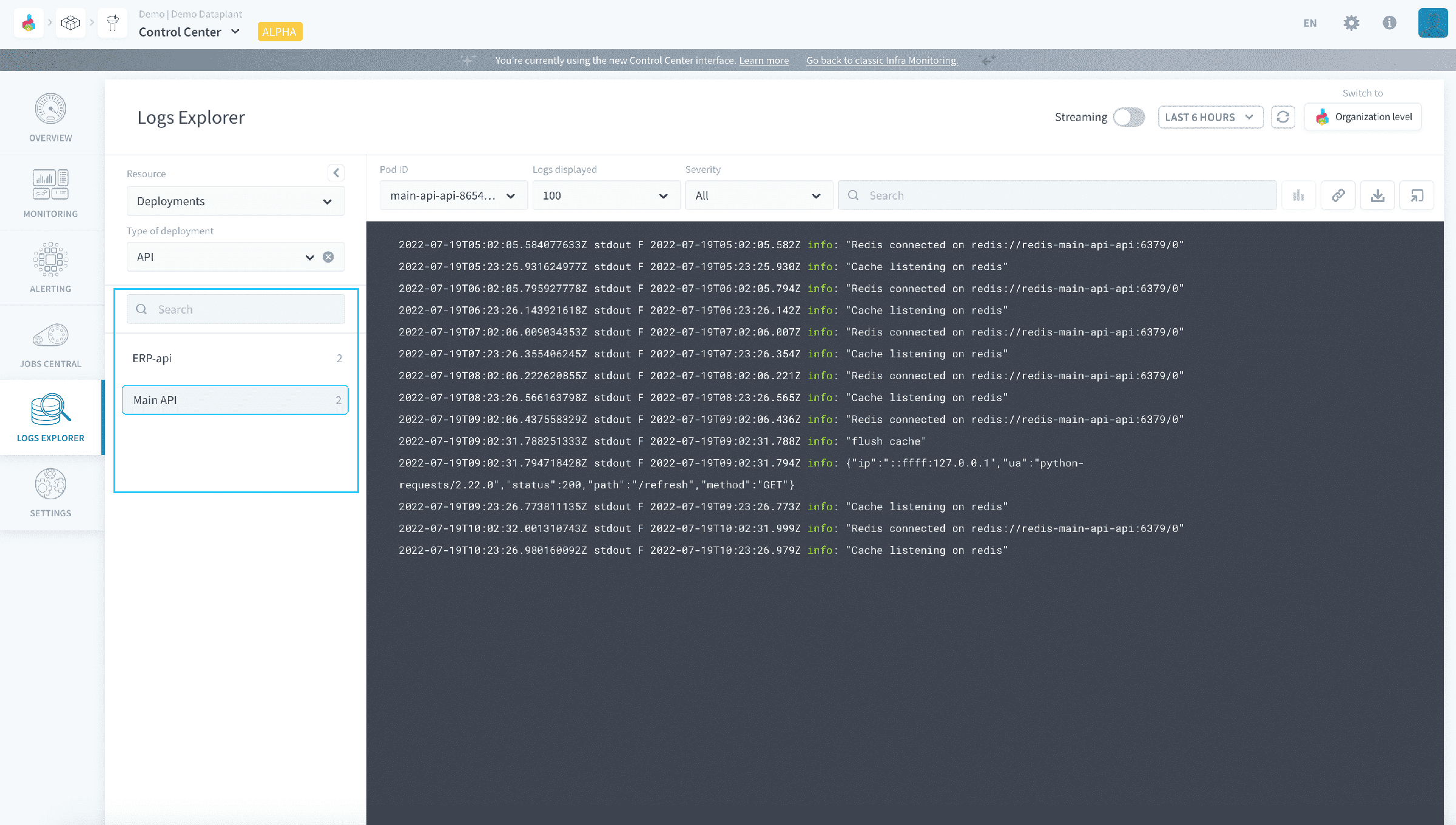 Get logs of deployments — Control Center deployments object