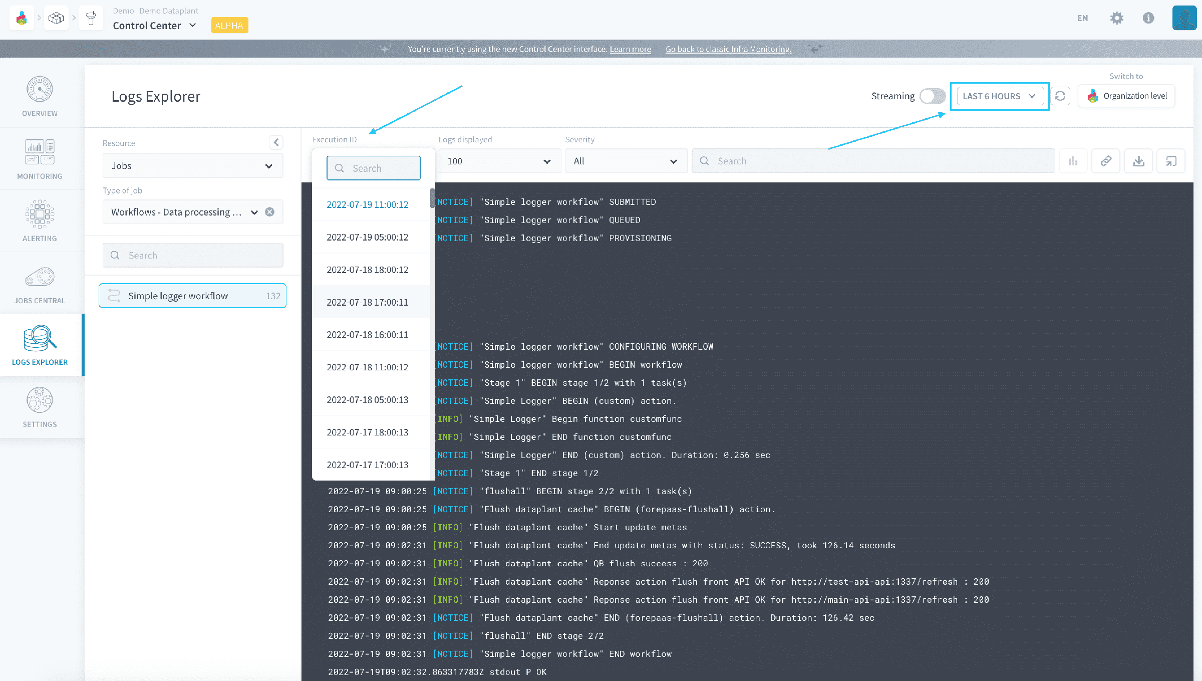 Get logs of past job executions — Control Center jobs execution timeframe