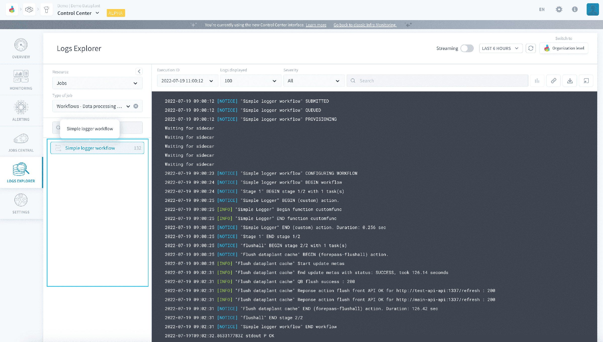 Get logs of past job executions — Control Center jobs object