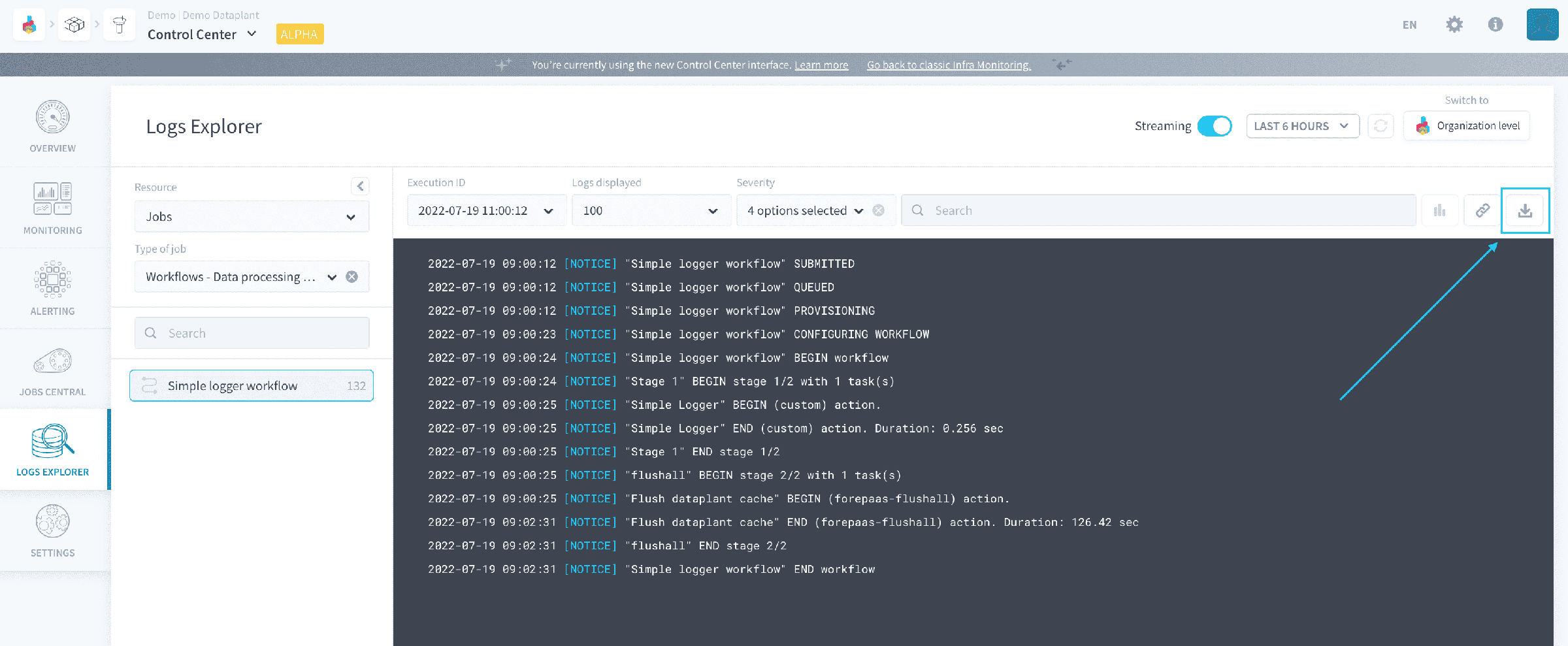 Export a log file — Control Center left export