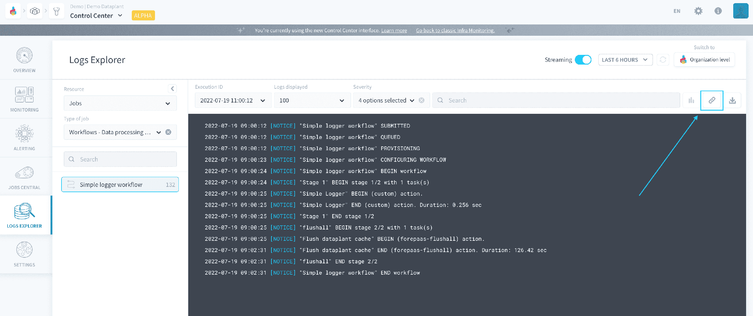 Share an Explorer link — Control Center left link