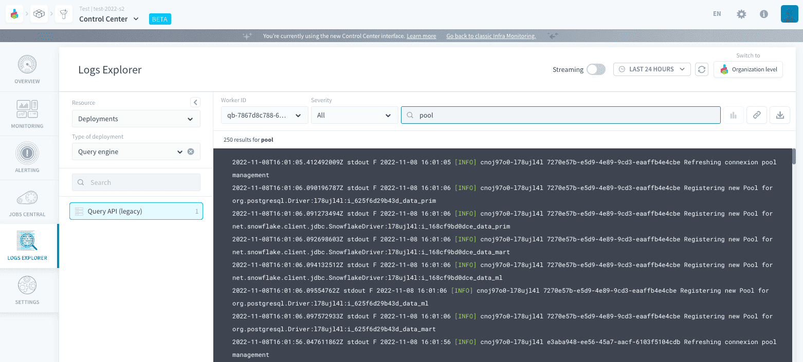 Search in logs — Control Center left searchlog