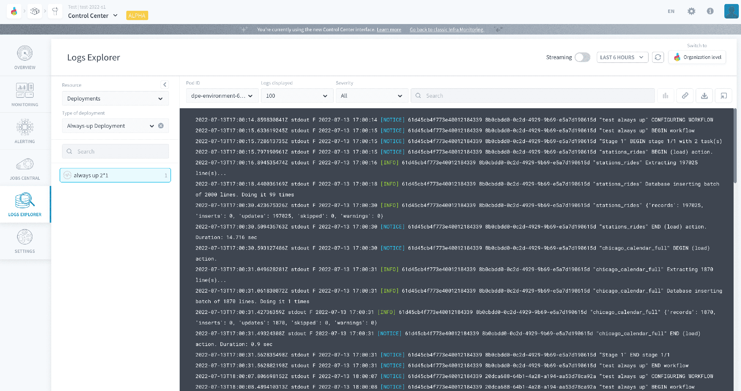 Control Center logs explorer