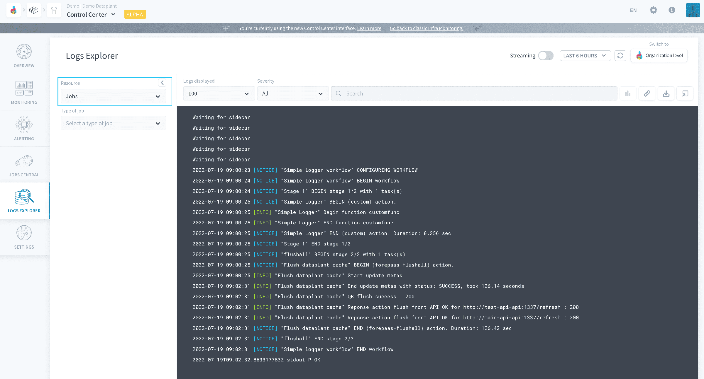 Get logs of past job executions — Control Center right jobs