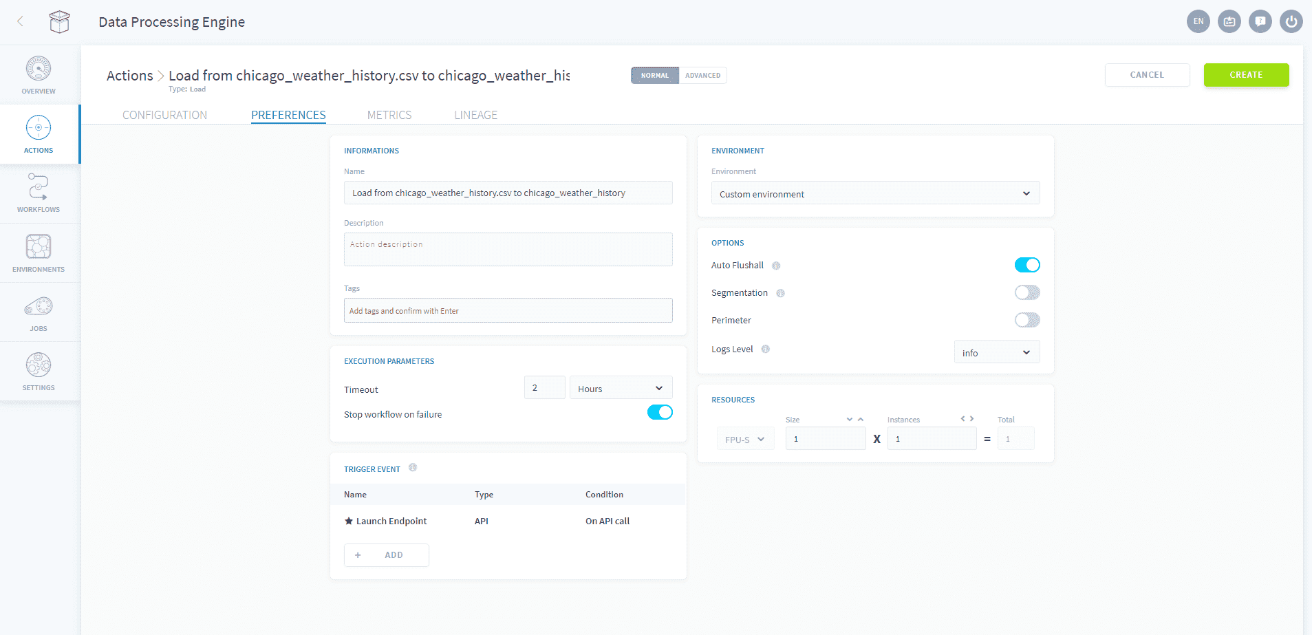 アクションの設定を構成する — Load settings