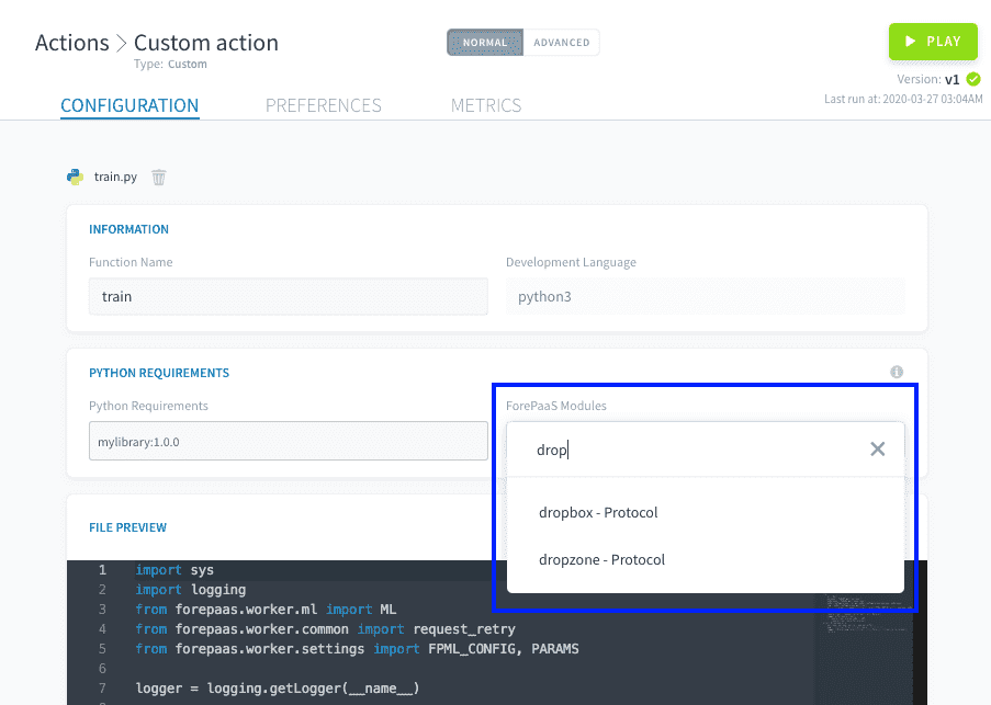 Creation screen of a custom action