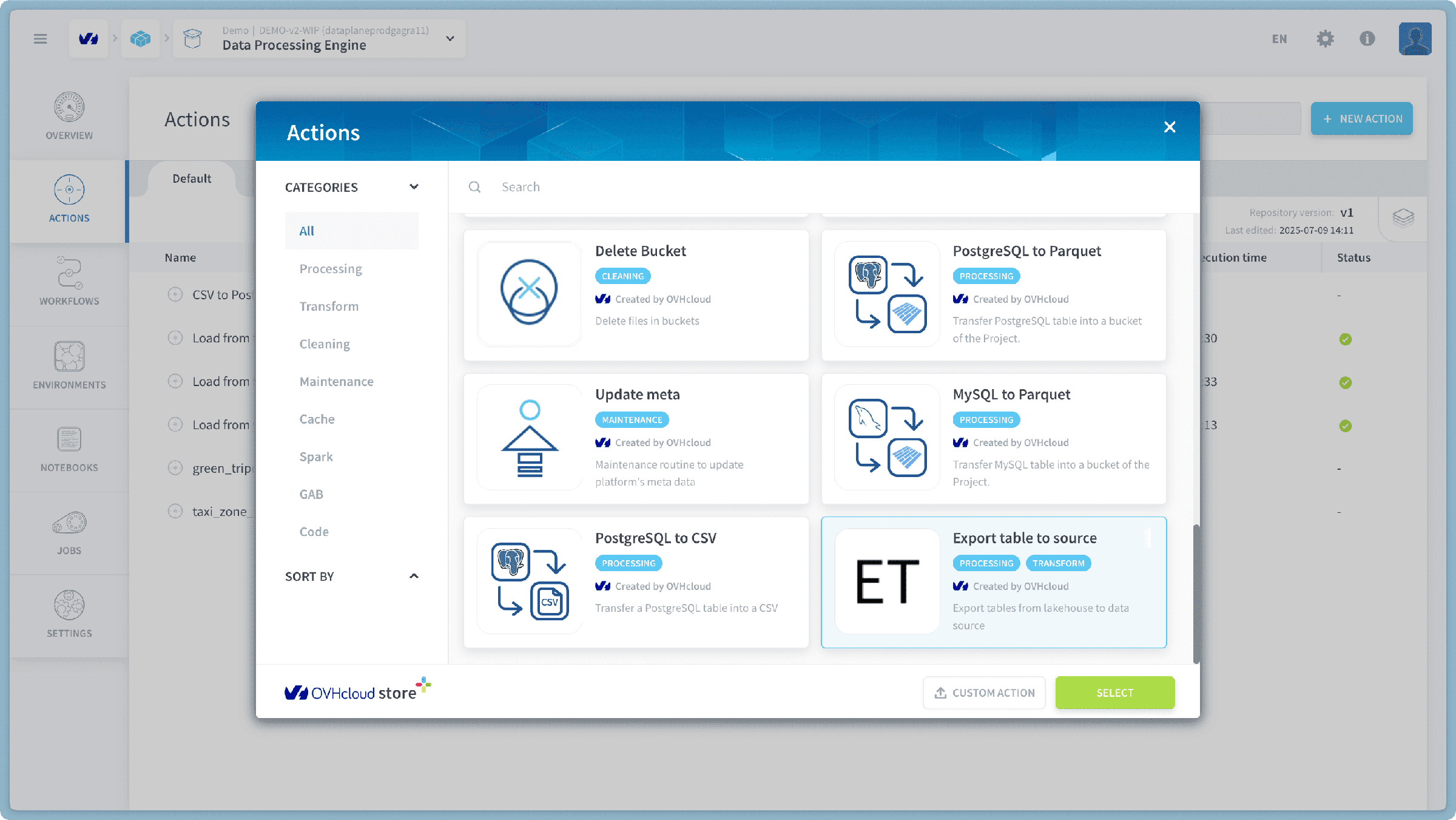 Configure an Export Table to Source action — Export table