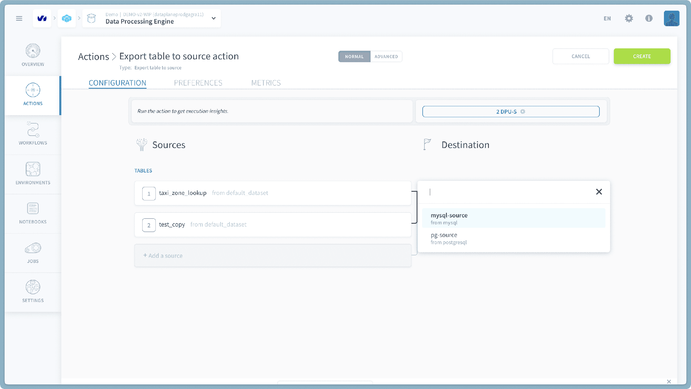 Select Destination Source — Export table