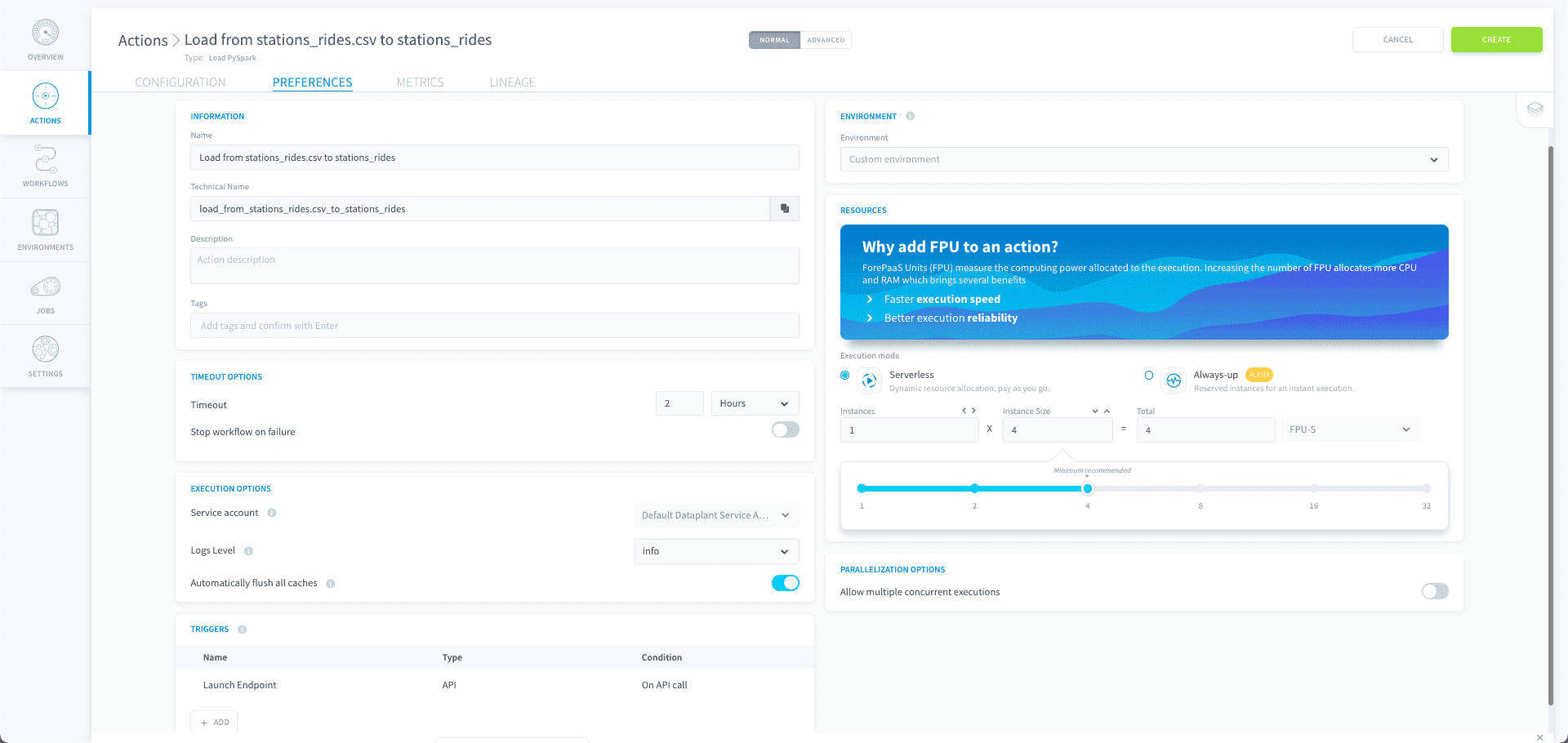 Configure the action's preferences — Load pyspark settings