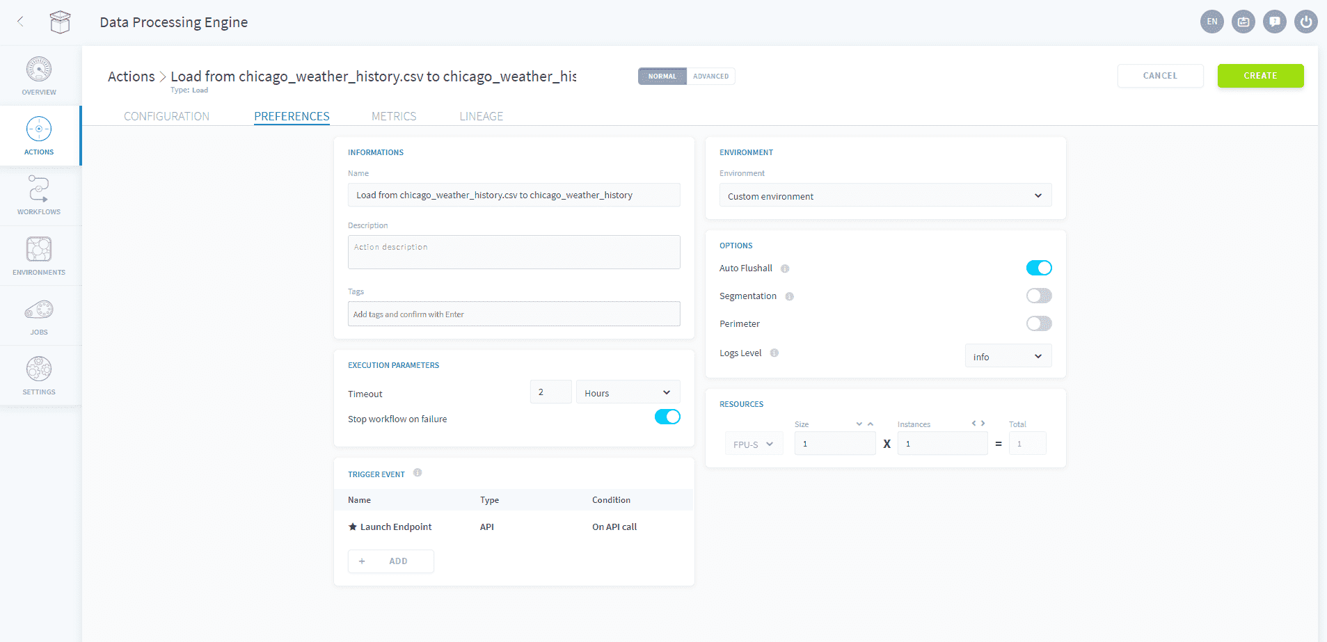 Configure the action's preferences — Load settings