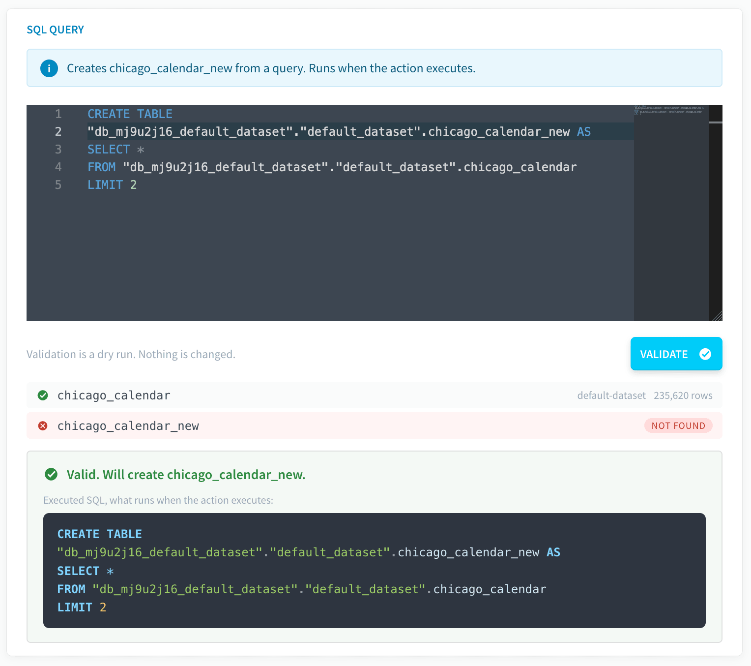 Create a table from a query — Sql action create table next