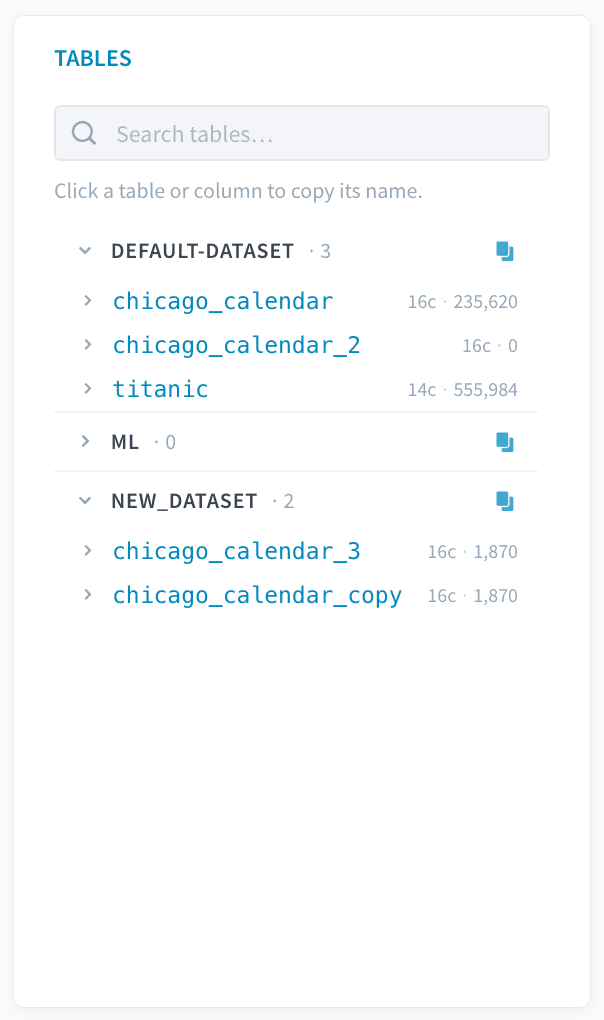 Browse tables and copy names — Sql action tables panel