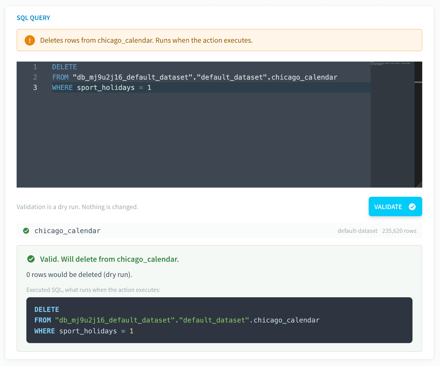 Write and validate the query — Sql action validation summary
