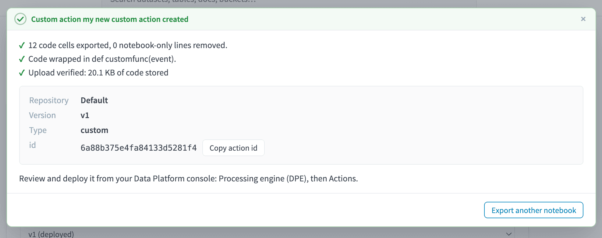 Export a notebook as a custom action — Dpx export confirmation