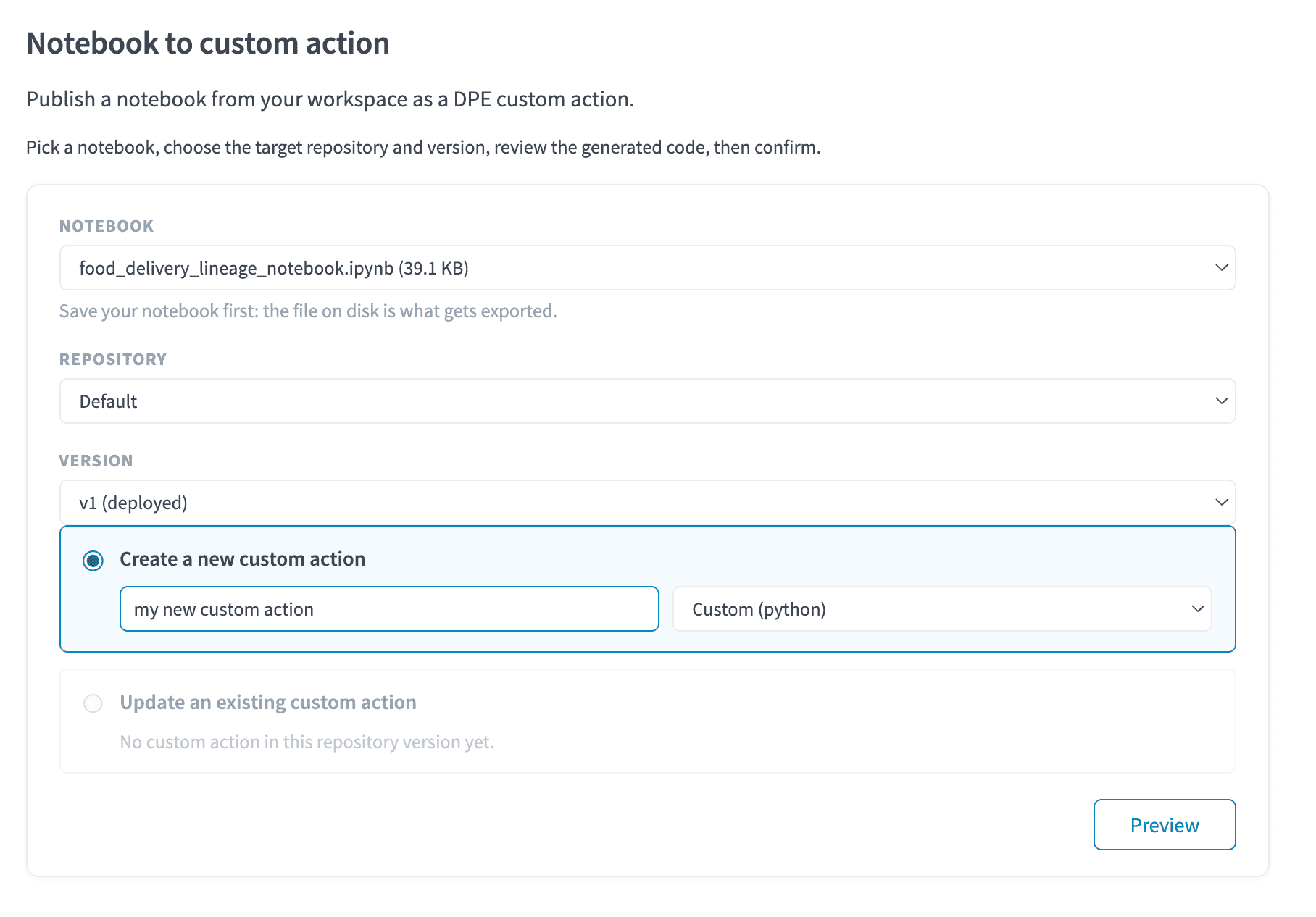 Export a notebook as a custom action — Dpx export setup
