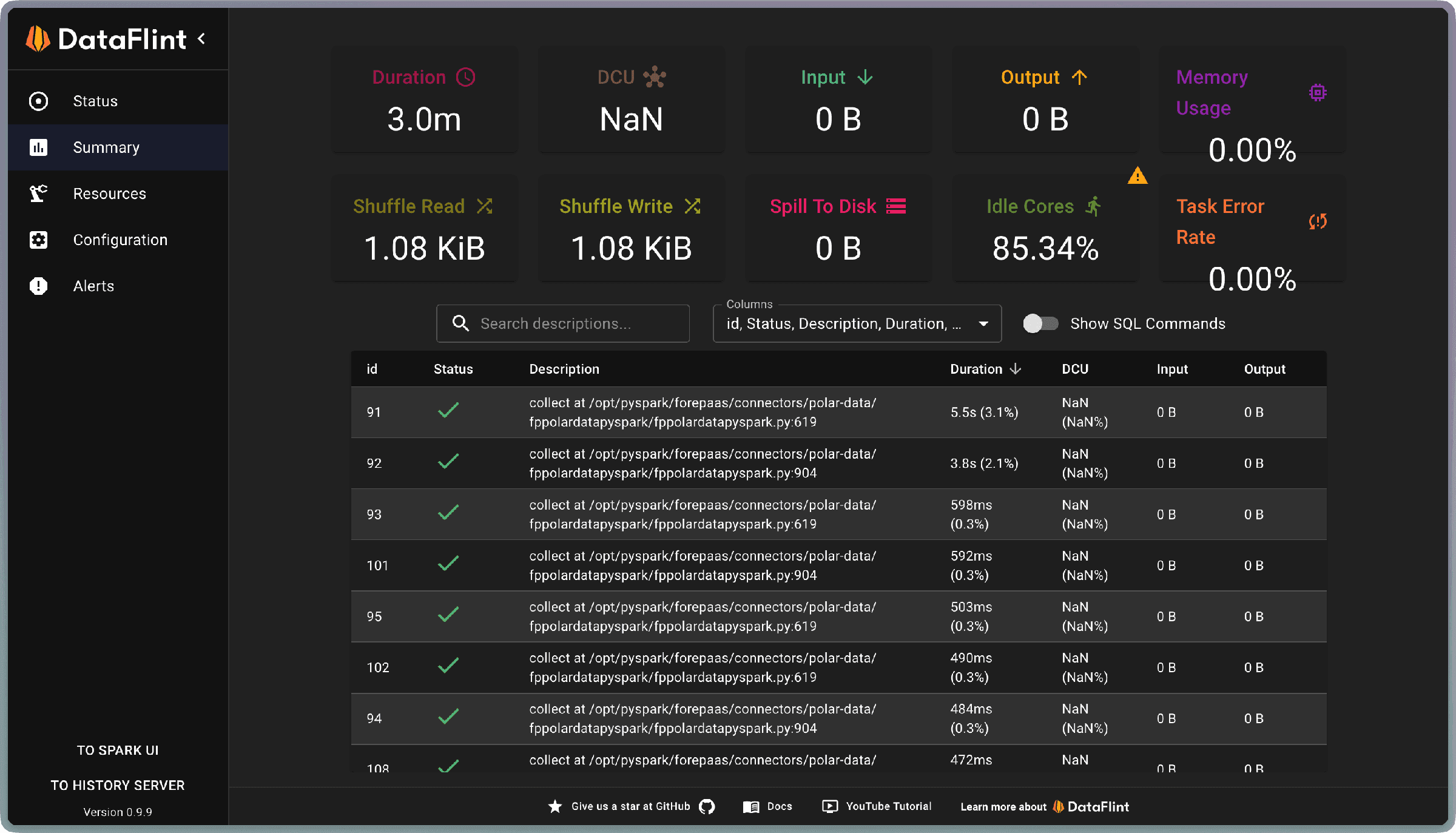 Recent applications — Spark history server dataflint