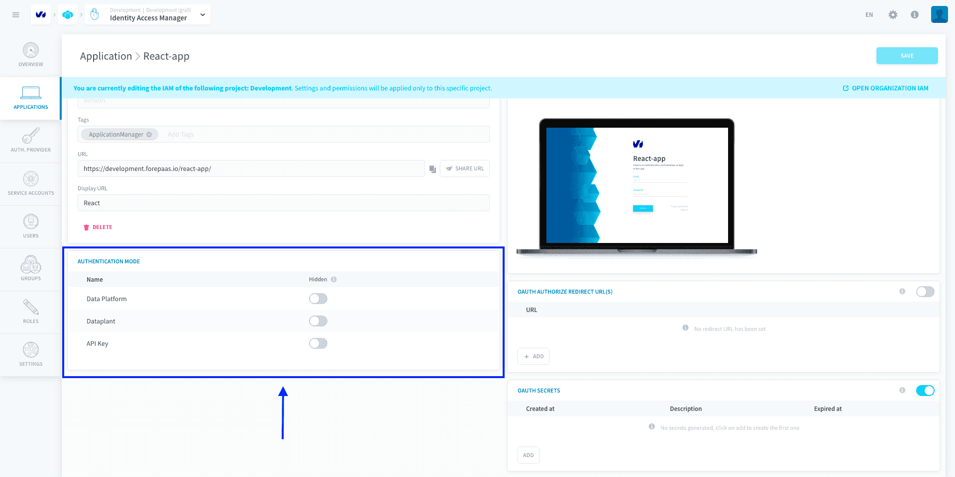アプリケーションのログインページに認証プロバイダーを表示する — Authentication mode21