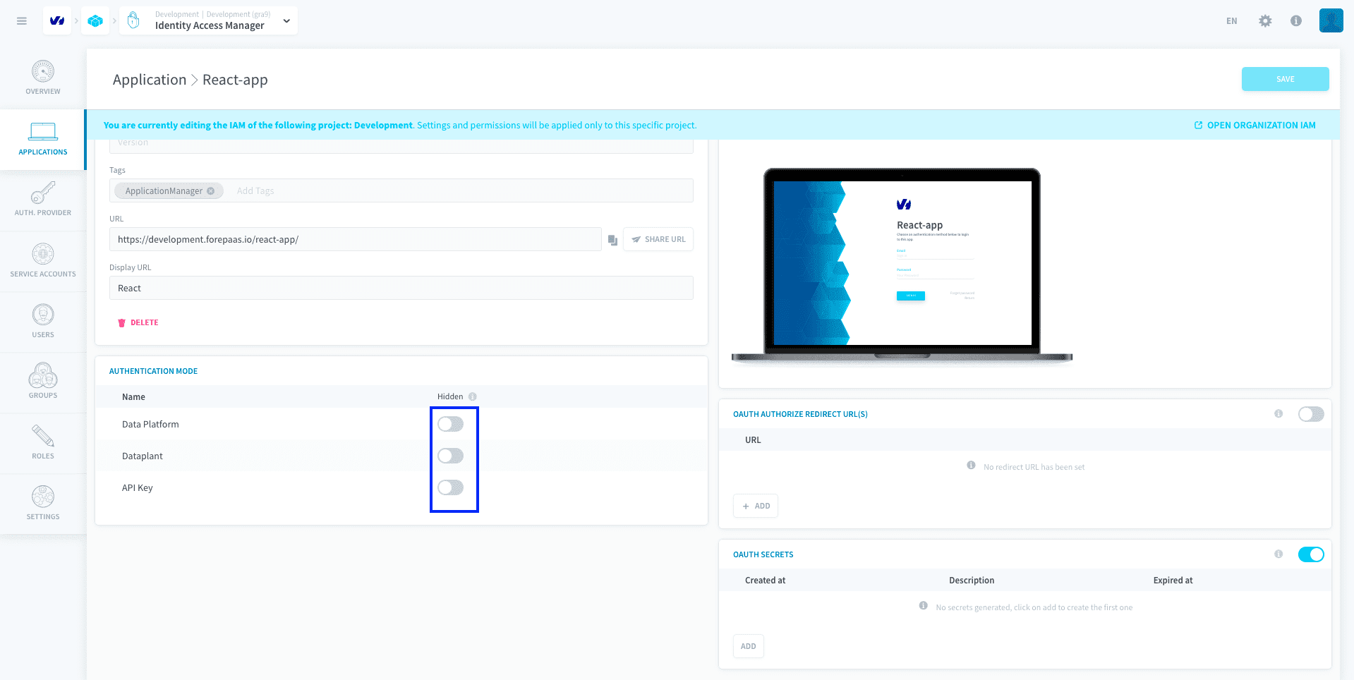 アプリケーションのログインページに認証プロバイダーを表示する — Authentication mode22