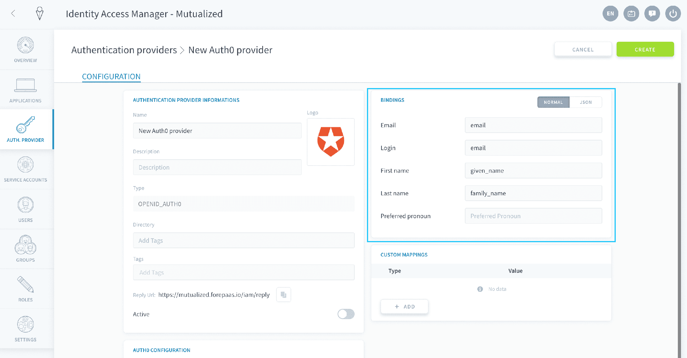 バインドルールの入力 — Auth0 bindings