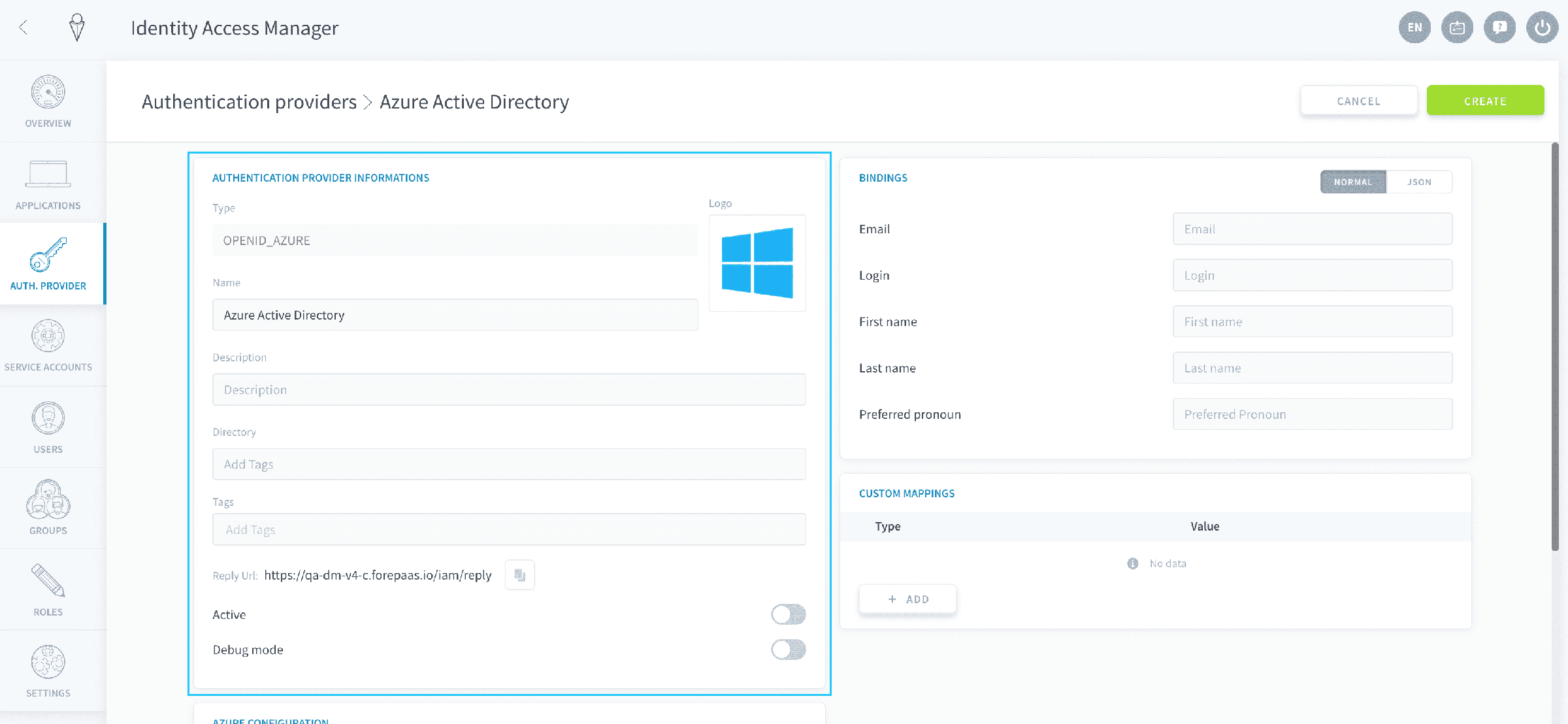 Fill in the basic information — Azure config1