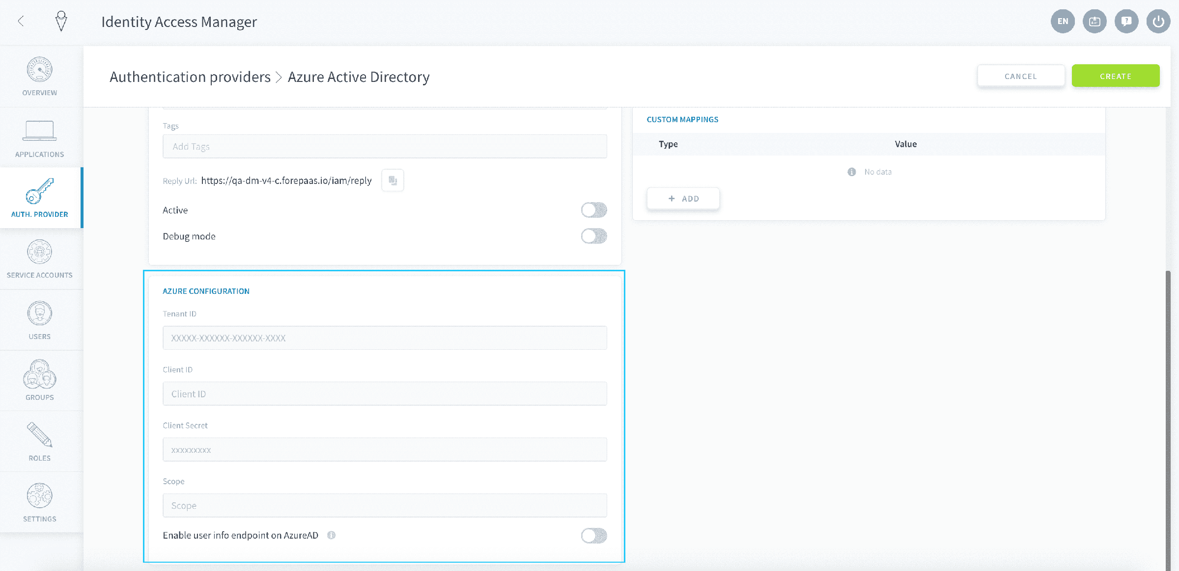Fill in Azure configuration — Azure config2