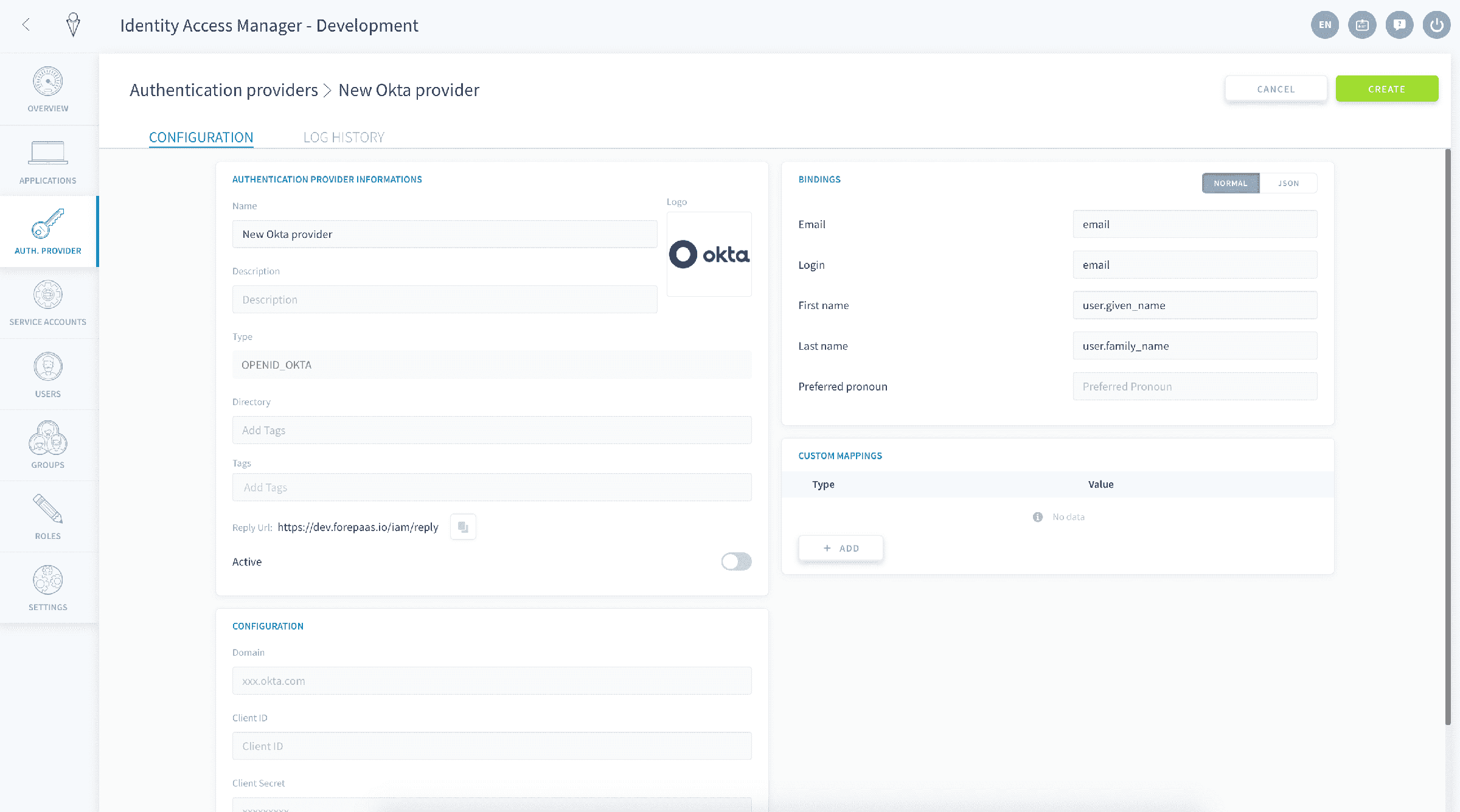 Configuration on the Data Platform Identity Access Manager — Okta Identity Access Manager
